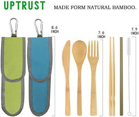 UPTRUST 2 Set Bamboo Cutlery Set Bamboo Travel Utensil Reusable Table cutlery Fork Knife Spoon Chopsticks Straw Cleaning Brush for Travel Picnic School Office（Skyblue& Green）
