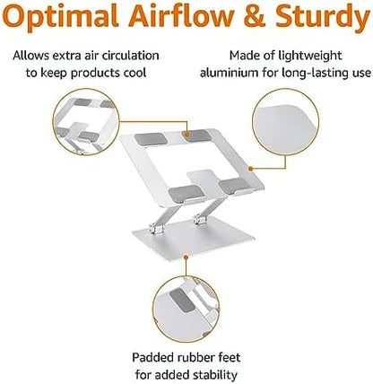 Amazon Basics Sturdy and Portable Ergonomic Laptop Stand for Desk,Height Adjustable Riser with Ventilated Cooling,Foldable,Fits All Laptops up to 17.3 Inch,Silver,10 x 8.7 x 6 in,(Pack of 12)