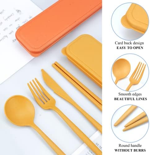 DISSKNIC Reusable Travel Utensils with Case, 4 Sets Wheat Straw Portable Cutlery Set Chopsticks Knives Fork and Spoon for Lunch Box Accessories, Camping Flatware Sets for Daily Use or Outdoor