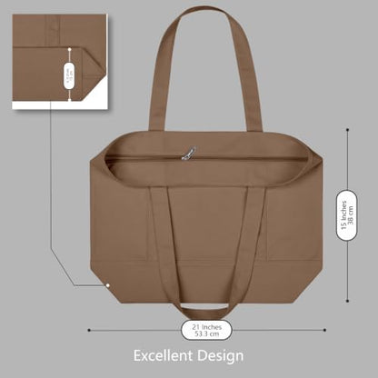 TOPDesign 6-Pack Canvas Tote Bags with an External Pocket, Reusable Grocery Shopping Bags, Top Zipper Closure, Daily Essentials (Brown)