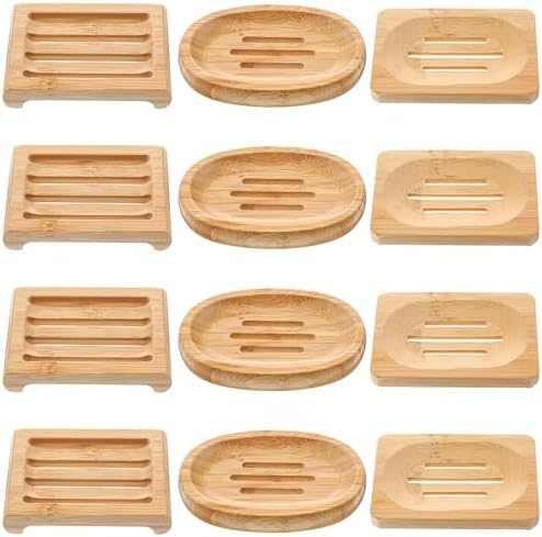 12 Pcs Bamboo Soap Dish Bulk, Self-Draining Non-Slip Bamboo Soap Trays Bulk, Wooden Soaps Holder Tray, Shampoo Bar Holder for Bathroom, Kitchen (3 Sizes)