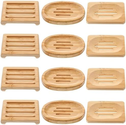 12 Pcs Bamboo Soap Dish Bulk, Self-Draining Non-Slip Bamboo Soap Trays Bulk, Wooden Soaps Holder Tray, Shampoo Bar Holder for Bathroom, Kitchen (3 Sizes)