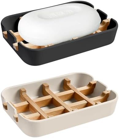 Aoheuo Modern Bamboo Fiber soap Holder and soap Dish Combination (Removable),5.12 Long by 3 Wide, 0.98 inches high, Used in Kitchens, bathrooms, and bar Sinks (Black,Off White)