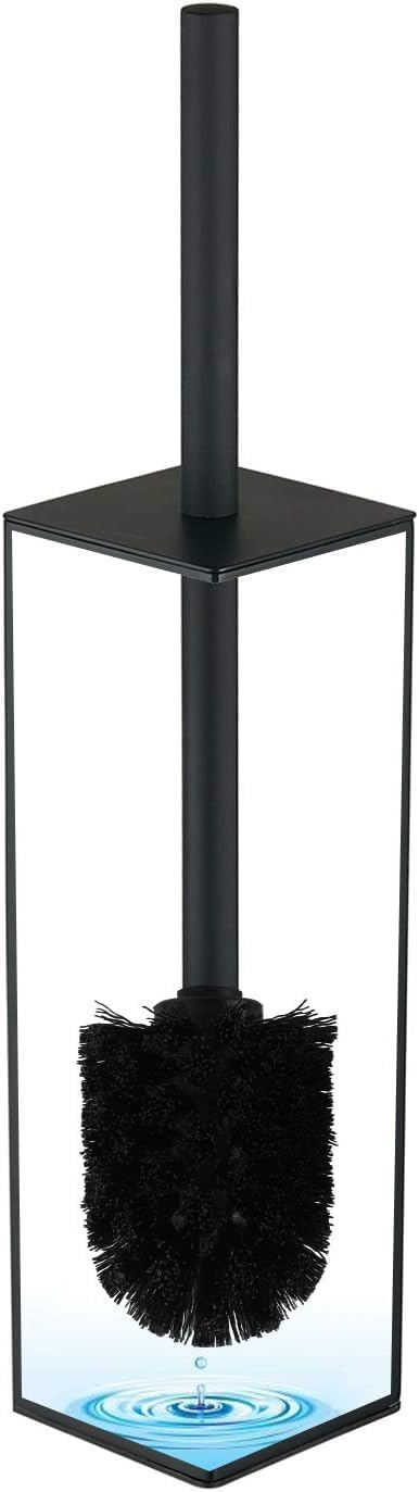 Matte Black Square Stainless Steel Toilet Brush with Holder, 304 Modern Toilet Brush Set – Rust Resistant, Long Handle, Replacement Heads, Floor Standing Bathroom Toilet Cleaning Brush
