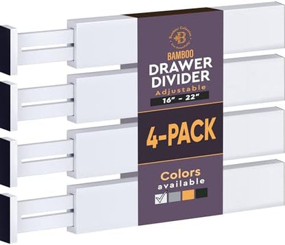 4-Pack Drawer Divider - 2.6" High, 16" to 22" Adjustable Bamboo Drawer Organizers for Clothes, Expandable Dresser Separators in Bedroom/Bathroom/Kitchen/Office Organization and Storage (White)