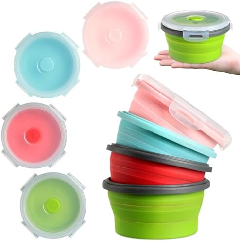 Suclain 4 Pcs Collapsible Bowls with Lids Silicone Camping Food Storage Container Expandable Folding Salad Lunch Box Travel Container for Hiking Camping
