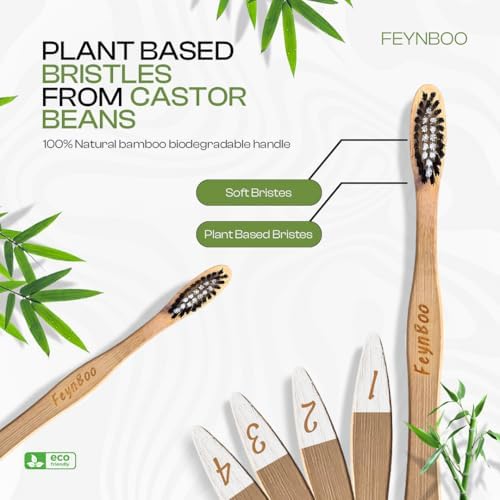 Bamboo Toothbrushes Medium Bristles 6 Pack - BPA Free Bristles Toothbrushes for Adults - Eco-Friendly, Natural Wooden Toothbrush (Light Brown, White, Black)