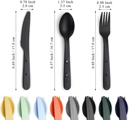 Kyraton Travel Utensils Set for 8, Reusable Plastic Spoons Forks Knives Snapped Together for Portable & Space-Saving Design Cutlery Silverware for Travel, Picnic, Camping, Work, Lunch Boxes