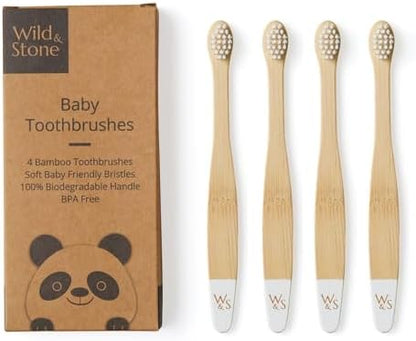 Wild & Stone Organic Baby Bamboo Toothbrushes | 4 Pack | Soft Bristles | 100% Compostable Handle | BPA Free | Vegan Baby Toothbrushes (White)