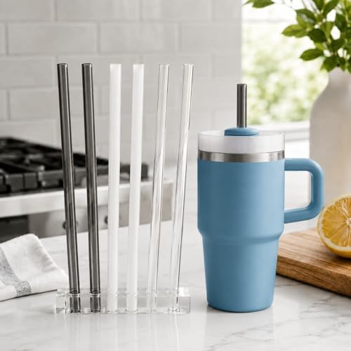 Replacement Straws Compatible with 20 oz Stanley Quencher Tumbler, 8.5 Inch Reusable Straws, Drinking Cup Accessories, White-6 Pack