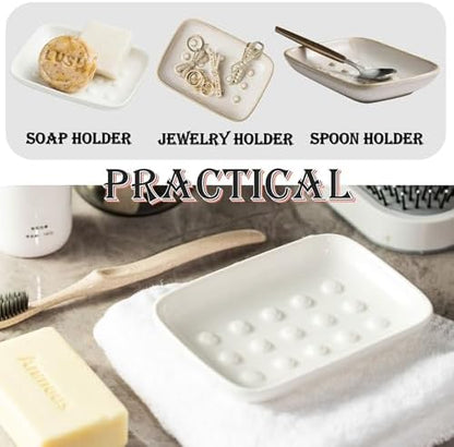 Miamolo Soap Dish, Ceramic Soap Holder Shower Soap Dish for Bar Soap Sponge, Soap Saver Tray for Bathroom Kitchen Sink, White