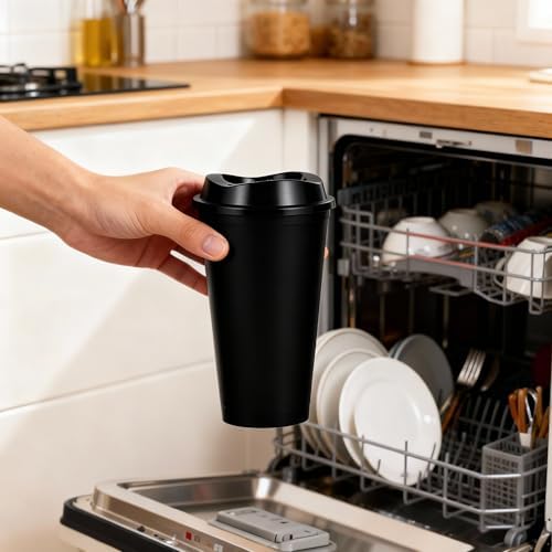 16oz Reusable Plastic Coffee Cups with Lids, 13 Pack, Black