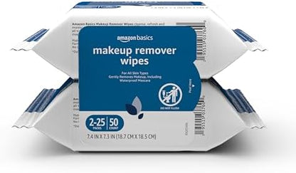 Amazon Basics Makeup Remover Wipes, Gentle Cleansing, Dermatologist Tested, pH-Balanced, Plant Based, Alcohol-Free, Removes Waterproof Mascara, 25 Count, 2-Pack
