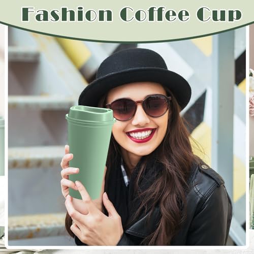 FillTouch 12 Pcs 16 oz Reusable Coffee Cups with Lids, Green Gradient