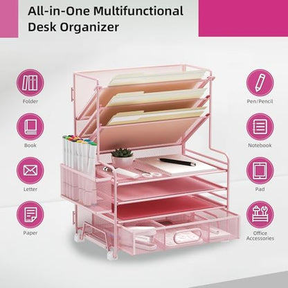 MINDEPOT 4-Tier Paper Organizer + 3-Pocket File Holder + Drawer + Pen Holders, Desktop File Organizers Paper Tray for Office Supplies School Classroom Organization (Pink, with Drawer & Pen Holder)