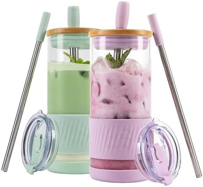 Pandaloo® Glass Cups With Lids and Straws -20 Fl Oz- Perfect Size Iced Coffee Cup - Smoothie Cup With Bamboo Lid and On the go Lid - Glass Tumbler (2 Count (Pack of 1), Lilac-Sage)