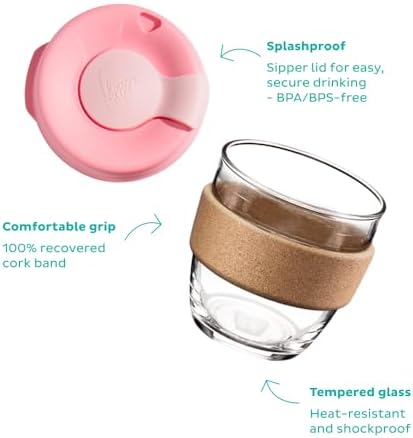 KeepCup Brew Cork, Reusable Glass Tumbler with Natural Cork, Short Coffee Cup 8oz / 227ml - Frappe