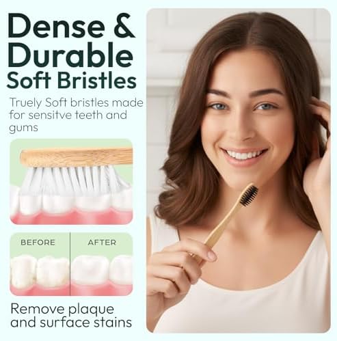 Bamboo Toothbrushes for Adults 10 Pack, Eco Friendly Wooden Toothbrush with Soft BPA Free Bristles, Natural Biodegradable Organic Toothbrush, Plastic Free Bulk Toothbrushes for Sustainable Oral Care