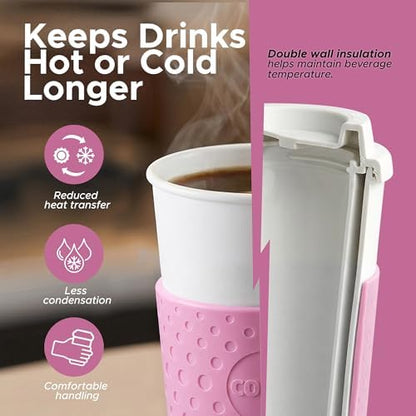 Copco Acadia 16 oz Travel Mug - Insulated Reusable Coffee Tumbler with Double-Walled Plastic, Leak-Proof Lid, BPA-Free - Portable Mug for Hot & Cold Drinks, Cup Holder Friendly (Bubble Gum)