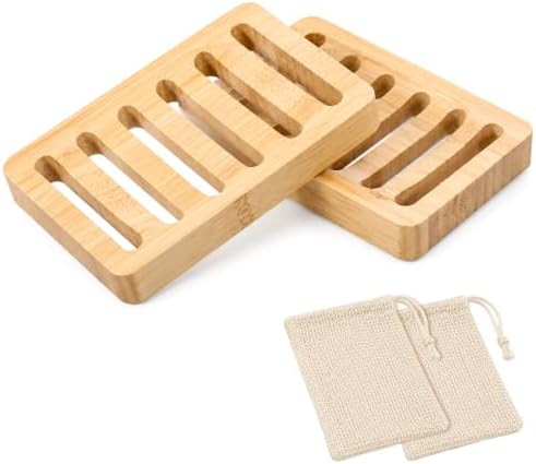 2 Pack Teak Soap Dish Wooden Soap Holder Self Draining Soaps Dish for Shower Natural Wooden Bar Soaps Holder for Bathroom Kitchen Sink Bathtub