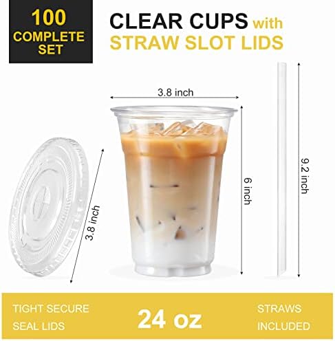 VITEVER [100 Sets - 24oz Plastic Cups with Lids and Straws, Disposable Cups for Iced Coffee, Smoothie, Milkshake, Cold Drinks - Clear (Pack of 2)