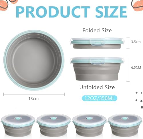 Suclain 4 Pcs Collapsible Bowls with Lids Silicone Camping Food Storage Container Expandable Folding Salad Lunch Box Travel Container for Hiking Camping