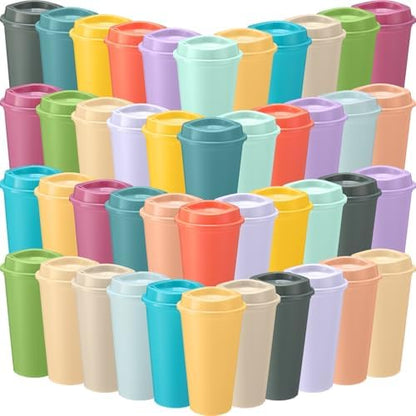 Honeydak 45 Pack 16 oz Reusable Coffee Cups with Lids Water Bottle Iced Coffee Travel Mug Reusable Portable Plastic Tea Tumblers Bulk for Hot and Cold Drinks Birthdays Party(Classic,Macaron Color)