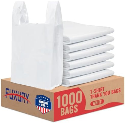 Fuxury Plastic Bags White (Plain) with Handles 1000 Pack