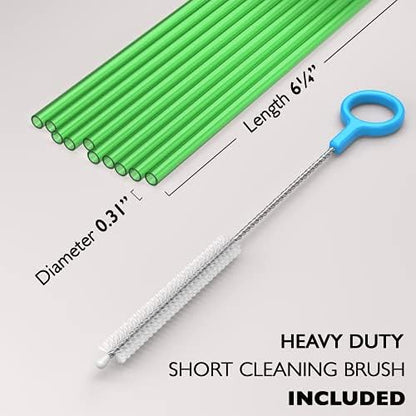 Fiesta First 10 Short Reusable Hard Green Plastic Drinking Straws, Medium Width + Sturdy Cleaning Brush - for Cocktails, Small Cups, Kids Drinks - Dishwasher Safe BPA Free