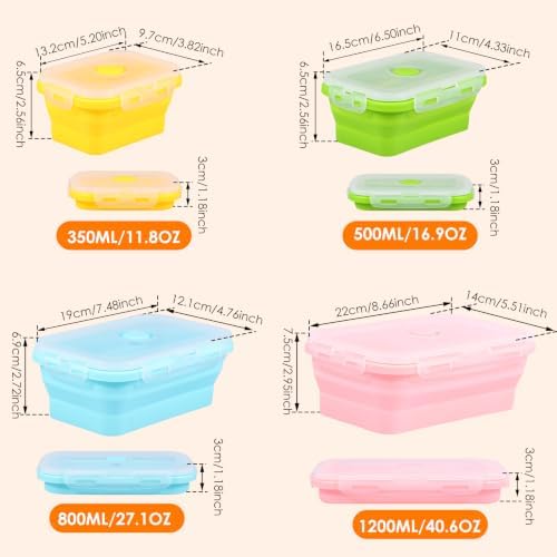 4Pcs Collapsible Silicone Food Container with Lid Heat Resistant Foldable Food Storage Containers Microwave Dishwasher and Freezer Safe 350/500/800/1200 ml for Kitchen Picnic Travel(Multicolor)