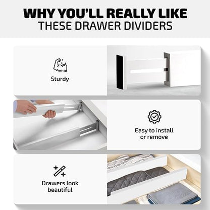 4-Pack Drawer Divider - 2.6" High, 16" to 22" Adjustable Bamboo Drawer Organizers for Clothes, Expandable Dresser Separators in Bedroom/Bathroom/Kitchen/Office Organization and Storage (White)