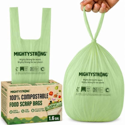 Compost Bags with Handles - 50 Pieces 1.6 Gallon/6 Liter Compostable Trash Bags, Small Trash Bags, Certified By BPI And OK Compost, Food Scrap Waste Bags