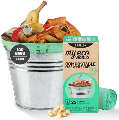 MyEcoWorld® Compostable Kitchen Waste Bags - 100 Count - 100% Certified Compostable - 3 Gallon - Super Strong - Leak Proof - Unscented - Easy to Open