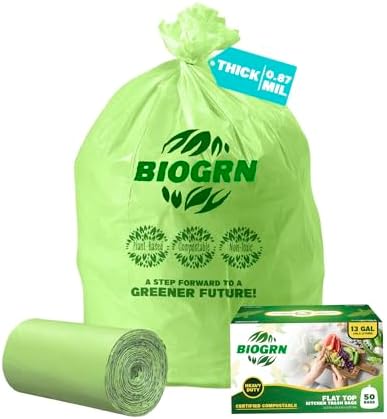 10-13 Gallon Compostable Trash Bags with Flat-Top 50 Bags Thick 0.87 Mil Leakproof Plant-based Tall Kitchen Wet Food Scrap Waste, ASTM D6400, US BPI and OK Compost Home Certified