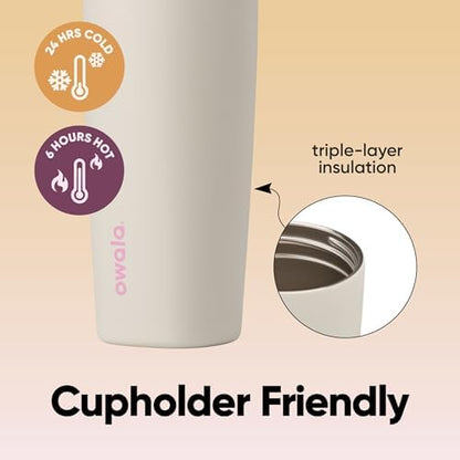 Owala SmoothSip Slider Insulated Stainless Steel Coffee Tumbler, Reusable Iced Coffee Cup, Hot Coffee Travel Mug, BPA Free 20 oz, Pink/Tan (Daybreak)