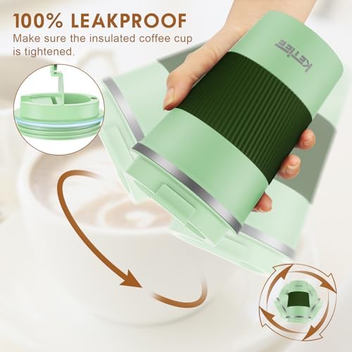 KETIEE 12oz Travel Mug, Insulated Coffee Cup with Leakproof Lid, Travel Coffee Mug Vacuum Stainless Steel Double Walled Reusable Tumbler for Hot and Cold Drinks (Green)