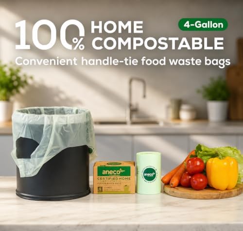 ANECO 4 Gallon Compostable Food Waste Bags with Handles, 30 Count
