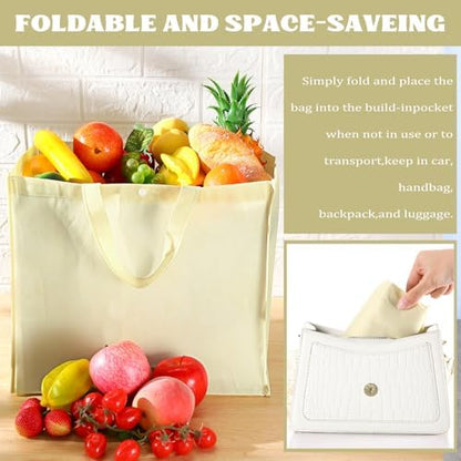 Zhehao 60 Pcs Reusable Grocery Bags Bulk Large Foldable Shopping Tote Bags Non Woven with Handle and Plastic Button(Beige)