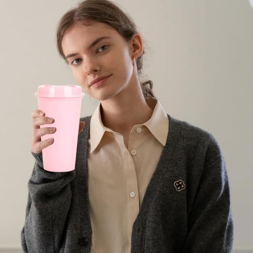 20 Pack Reusable Coffee Cups with Lids 16 oz Plastic Tumblers Travel Mug Iced Coffee Cup for Adults and Women Hot and Cold Drinks, Microwaveable (Pink)