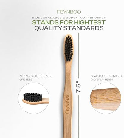 Bamboo Toothbrushes Hard Bristles 6 Pack - BPA Free Bristles Toothbrushes for Adults - Eco-Friendly, Natural Wooden Toothbrush (Light Brown, Black).