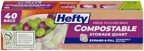 Hefty Compostable Press-To-Close Storage Bags, Quart Size, 40 Count