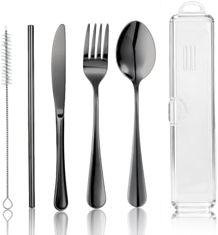 Travel Camping Utensils with Case, 6 Pcs Reusable Stainless Steel Silverware Cutlery Set, Spoon, Fork, Knife + Straw/Brush Kit for Camping, Travel, Office, Lunch Box, Eco On-the-Go (black)