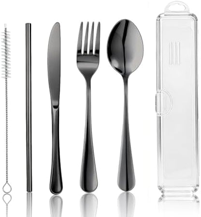 Travel Camping Utensils with Case, 6 Pcs Reusable Stainless Steel Silverware Cutlery Set, Spoon, Fork, Knife + Straw/Brush Kit for Camping, Travel, Office, Lunch Box, Eco On-the-Go (black)