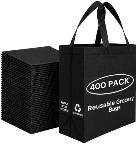 Simply Cool 400 Pack Reusable Grocery Bags, Medium Tote Bags Bulk, Black