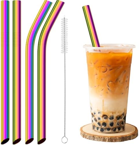 NiHome 4-Pack Stainless Steel Straws for Boba, Smoothie, 10.4” Metal Straws