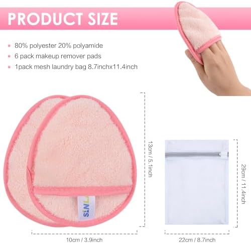 SINLAND Reusable Makeup Remover Pads Pink 6 Pack