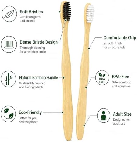 Bamboo Toothbrushes for Adults 10 Pack, Eco Friendly Wooden Toothbrush with Soft BPA Free Bristles, Natural Biodegradable Organic Toothbrush, Plastic Free Bulk Toothbrushes for Sustainable Oral Care