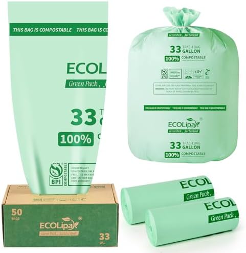 ECOLipak 33 Gallon 50 Count Large Compostable Trash Garbage Bags for Lawn