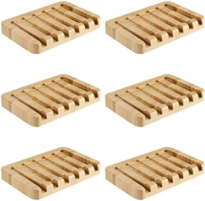 6 Pack Bamboo Soap Dishes, Self Draining Soap Tray with Slanted Waterfall Design, Bar Soap Holder for Shower, Bathroom, Kitchen, Sinks and Countertop, 5.1 x 3.5 x 0.7 Inch