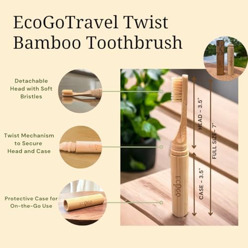 Screwable Bamboo Toothbrush Kit – Travel Toothbrush with Replacement Head & Cotton Storage Bag – Eco-Friendly, Compact, and Perfect for On-the-Go